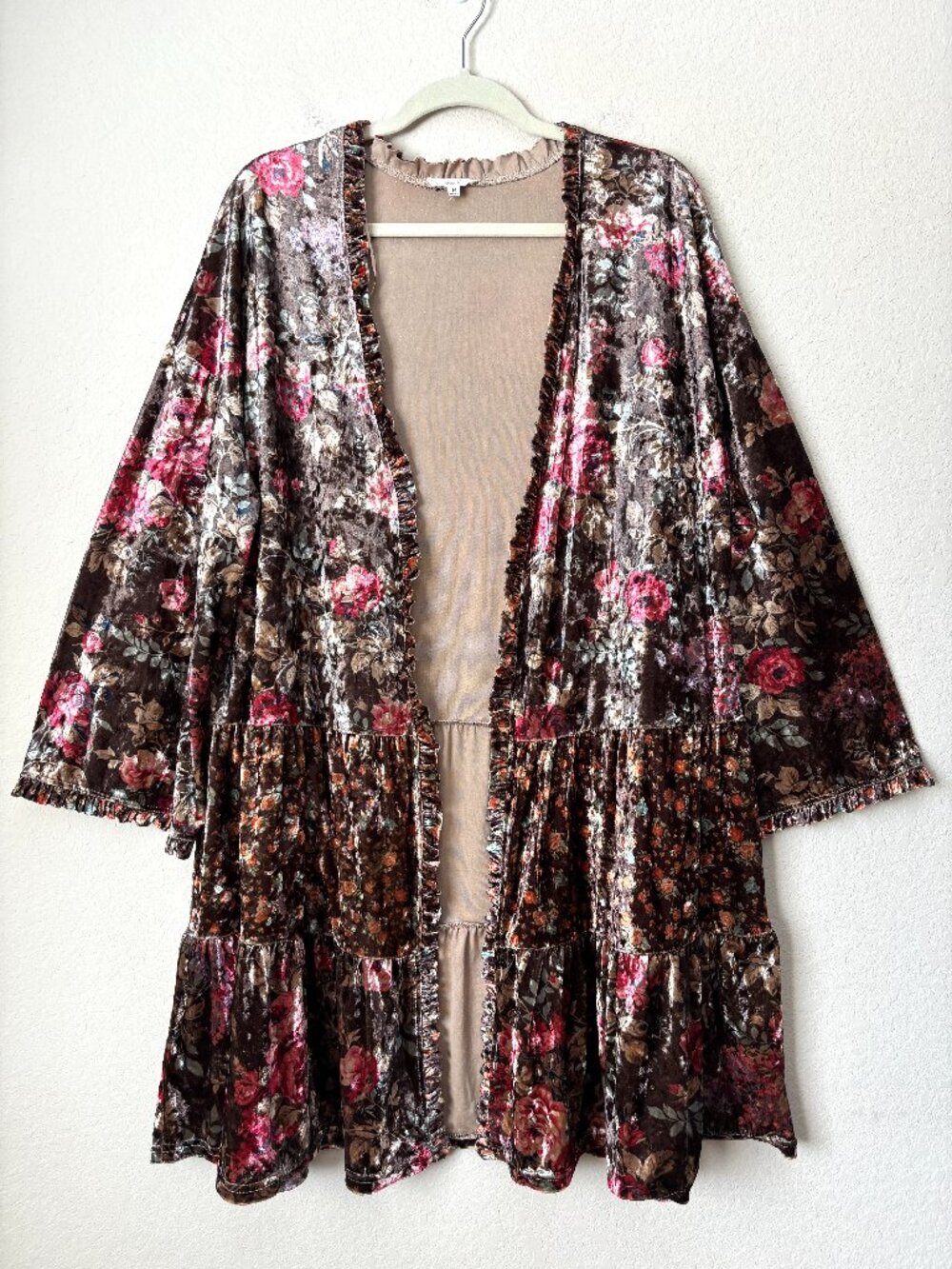 Easel Boho Velvet Mixed Floral Printed Tiered Longline Open Front Kimono